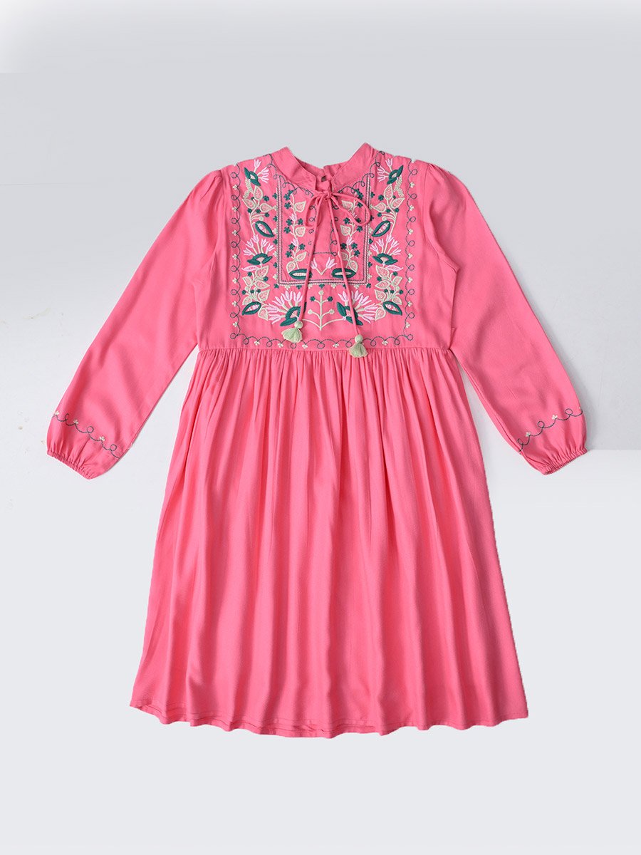 Embroidered Tie-Up Neck Knee-Length Dress