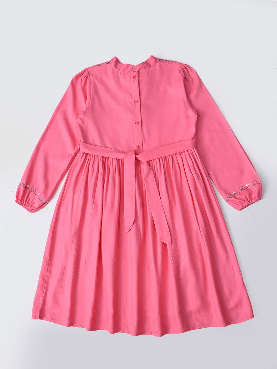Embroidered Tie-Up Neck Knee-Length Dress
