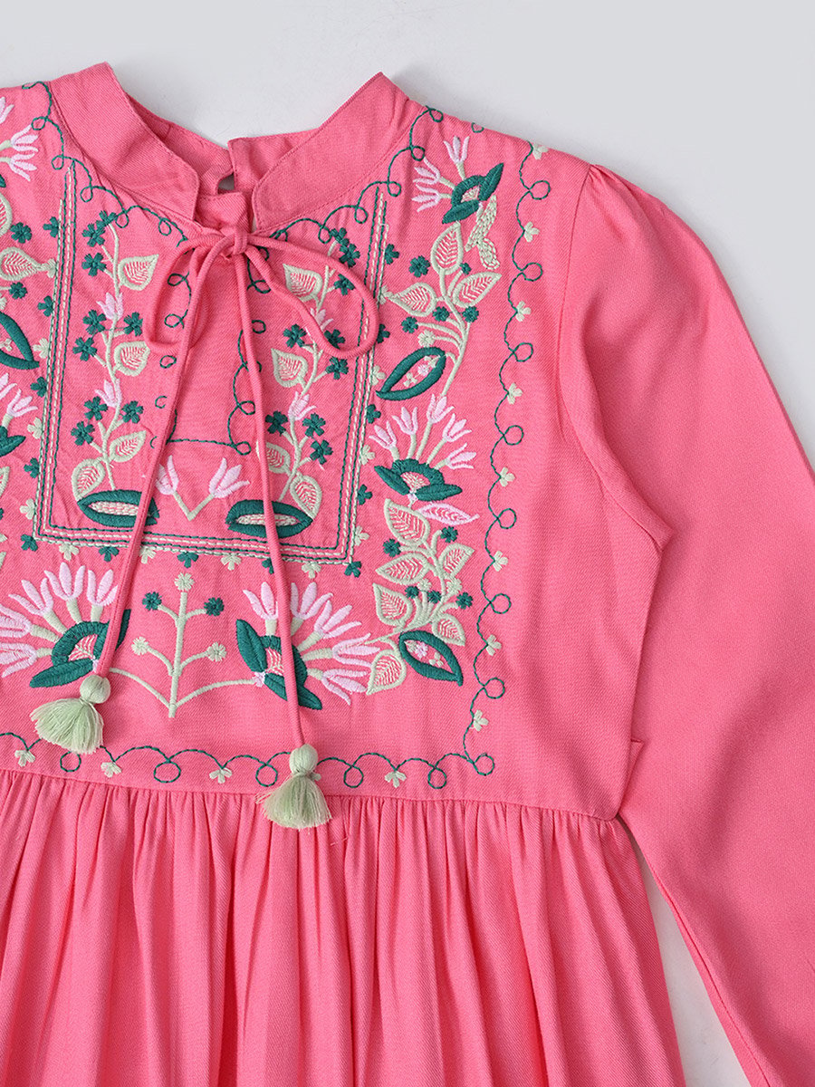 Embroidered Tie-Up Neck Knee-Length Dress