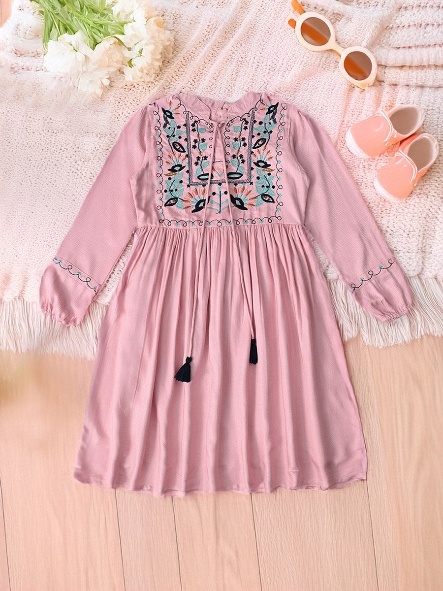 Embroidered Tie-Up Neck Knee-Length Dress