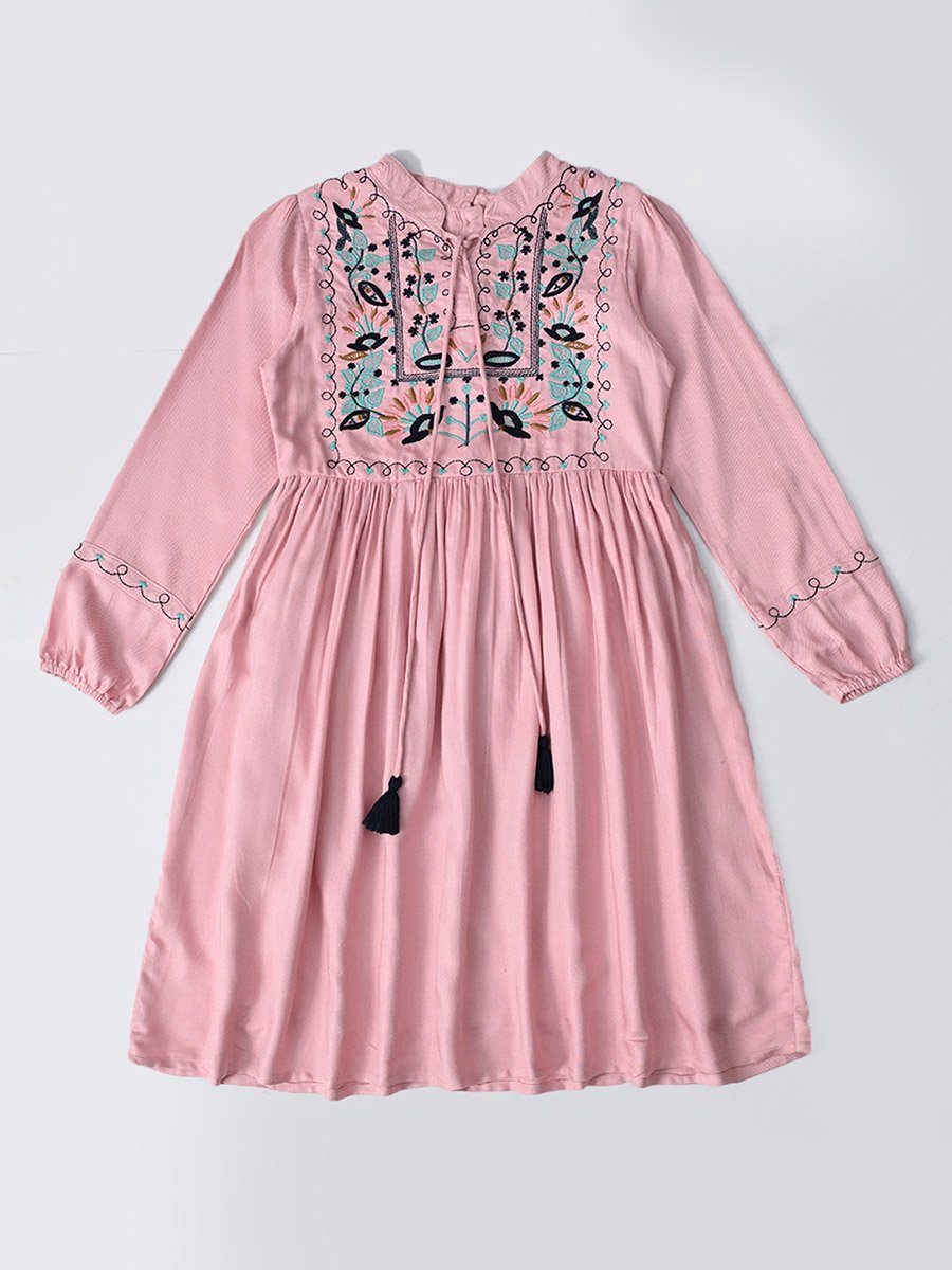 Embroidered Tie-Up Neck Knee-Length Dress
