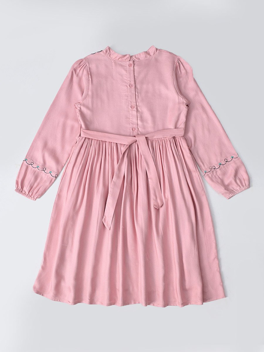 Embroidered Tie-Up Neck Knee-Length Dress