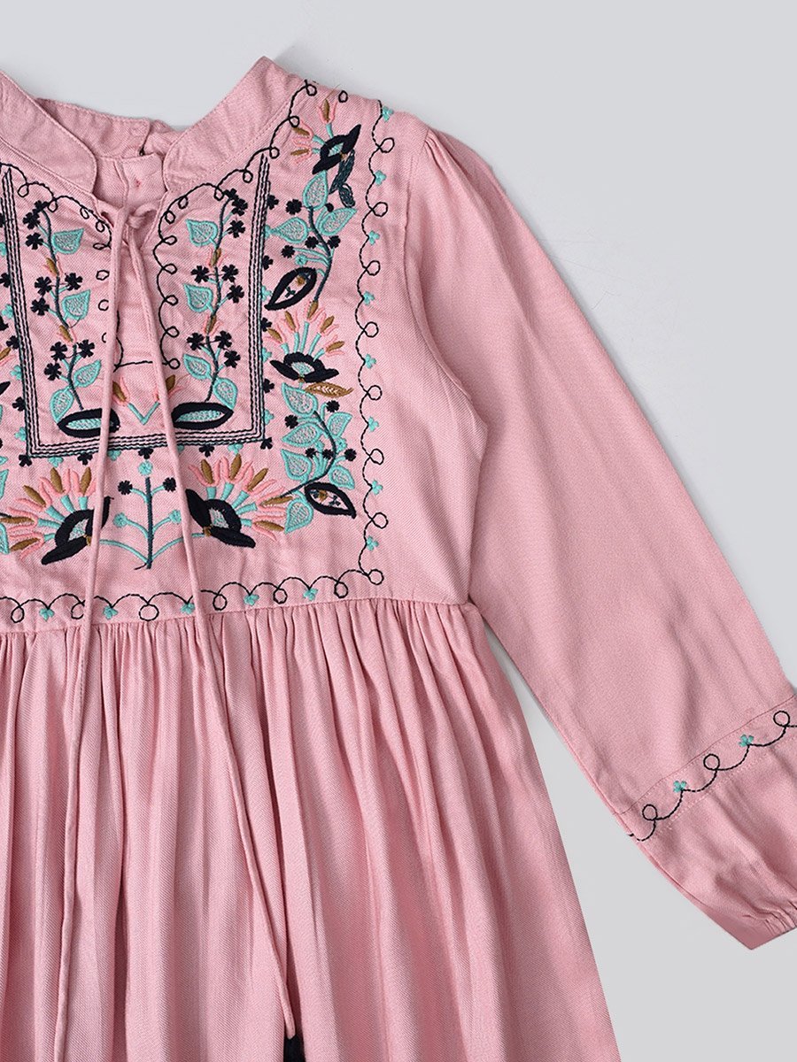 Embroidered Tie-Up Neck Knee-Length Dress