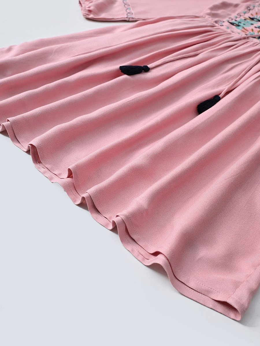 Embroidered Tie-Up Neck Knee-Length Dress