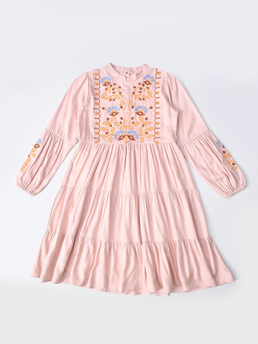 Embroidered Tiered Knee-Length Dress