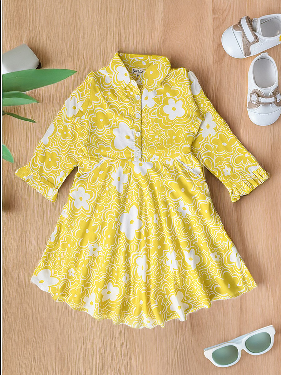 Floral Print Collared Buttoned Knee-Length Dress