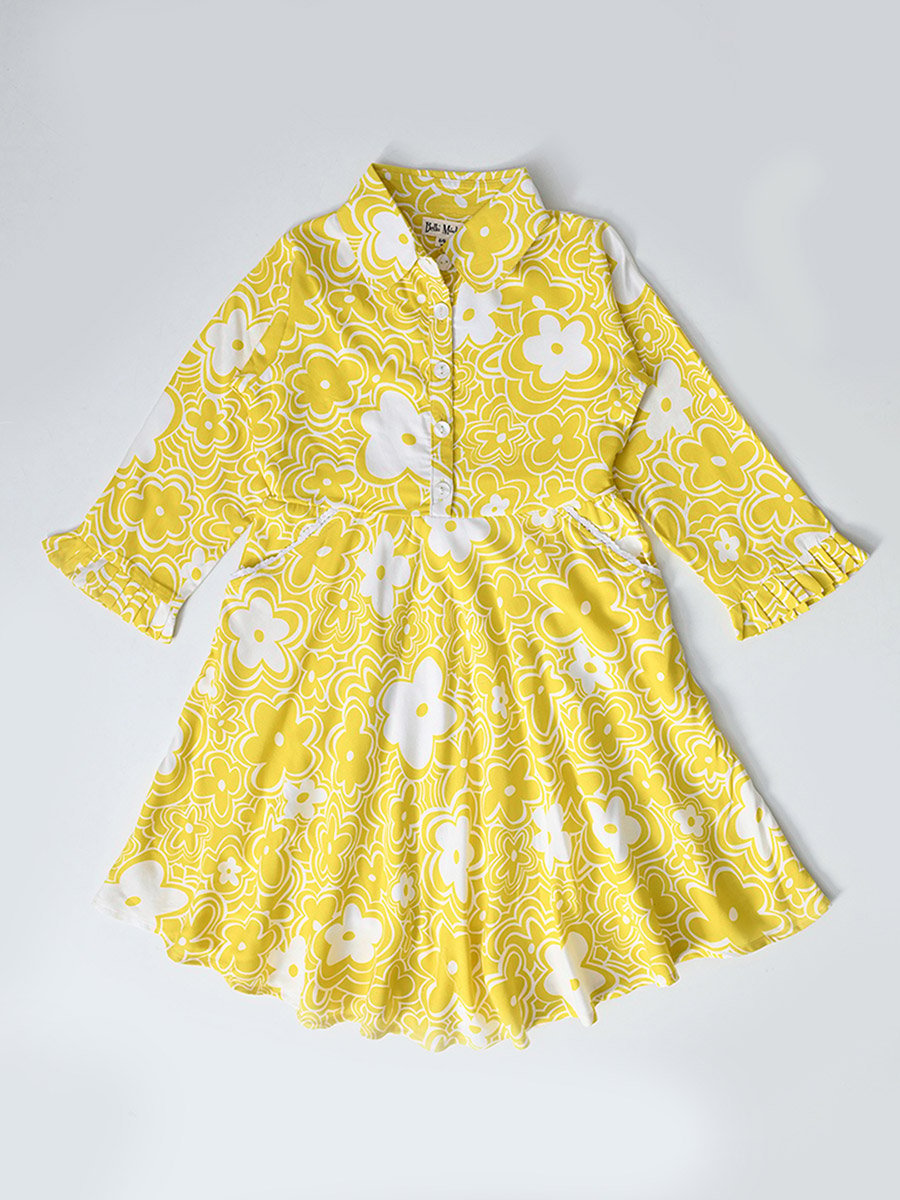 Floral Print Collared Buttoned Knee-Length Dress