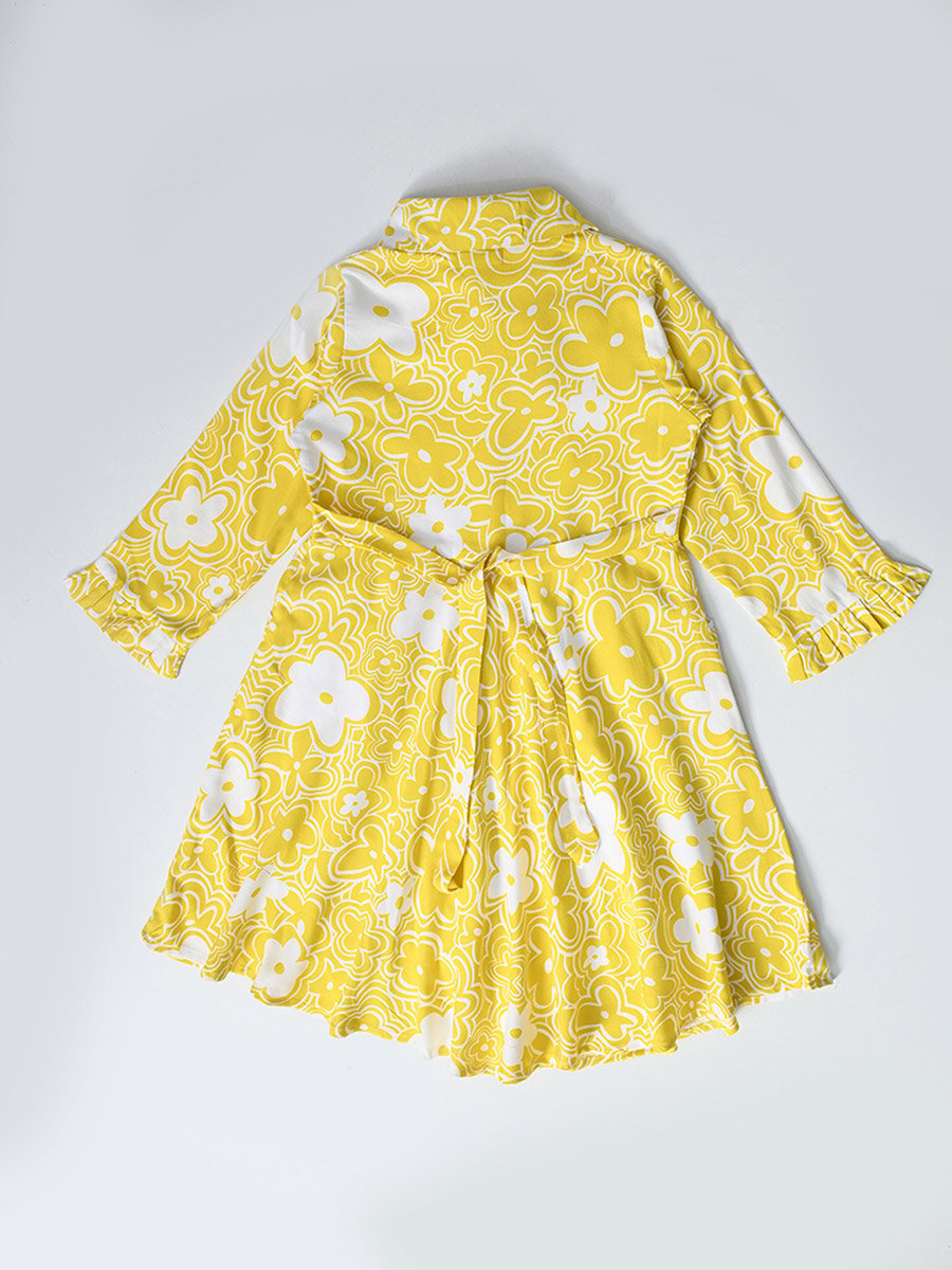 Floral Print Collared Buttoned Knee-Length Dress