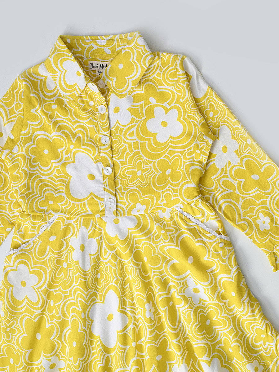 Floral Print Collared Buttoned Knee-Length Dress