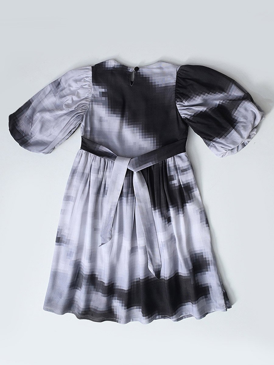 Printed Balloon Sleeves Knee-Length Dress
