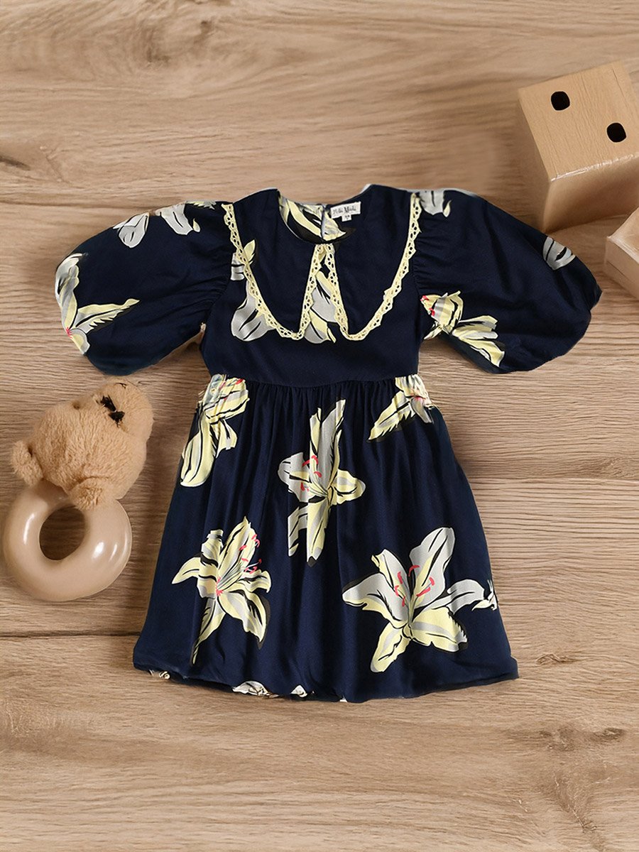 Floral Print Balloon Sleeves Knee-Length Dress