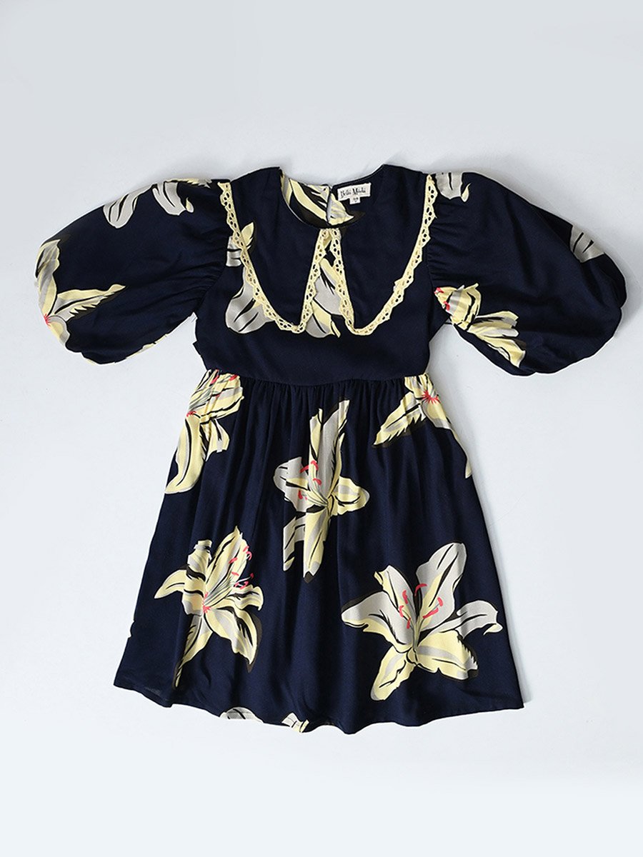 Floral Print Balloon Sleeves Knee-Length Dress