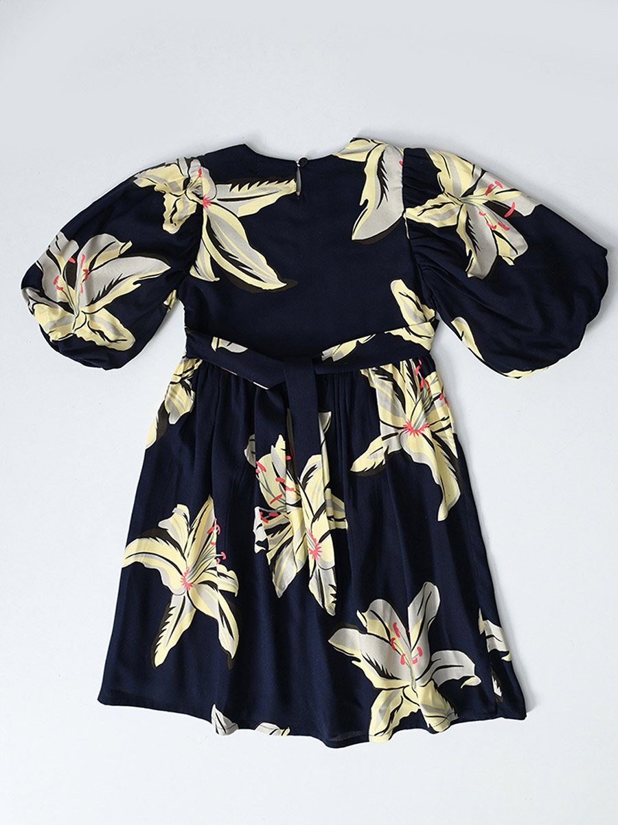 Floral Print Balloon Sleeves Knee-Length Dress