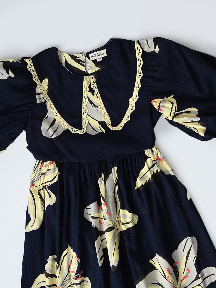 Floral Print Balloon Sleeves Knee-Length Dress