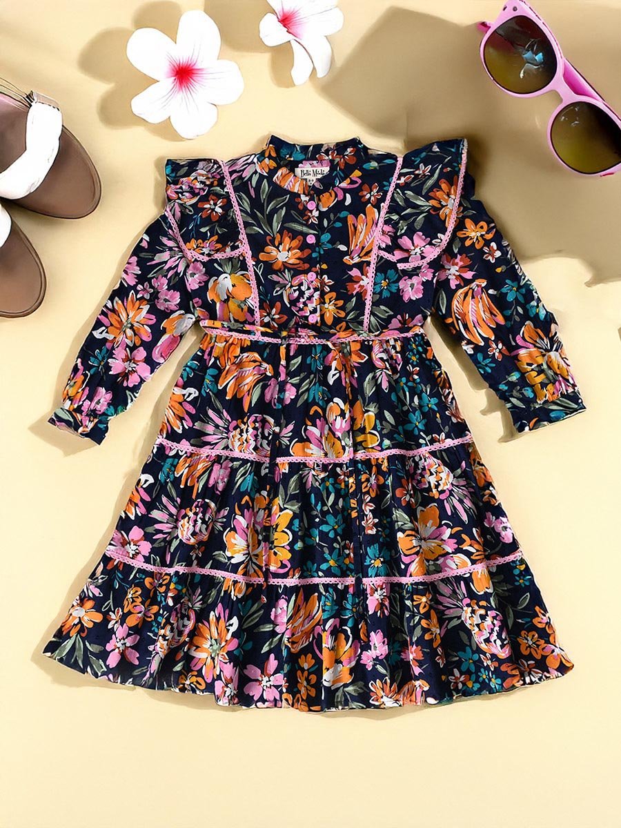 All-Over Floral Print Ruffle Trim Tiered Dress with 3/4th Sleeves