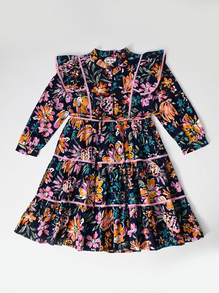All-Over Floral Print Ruffle Trim Tiered Dress with 3/4th Sleeves