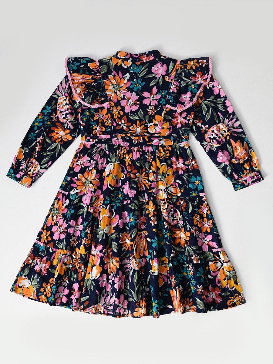 All-Over Floral Print Ruffle Trim Tiered Dress with 3/4th Sleeves