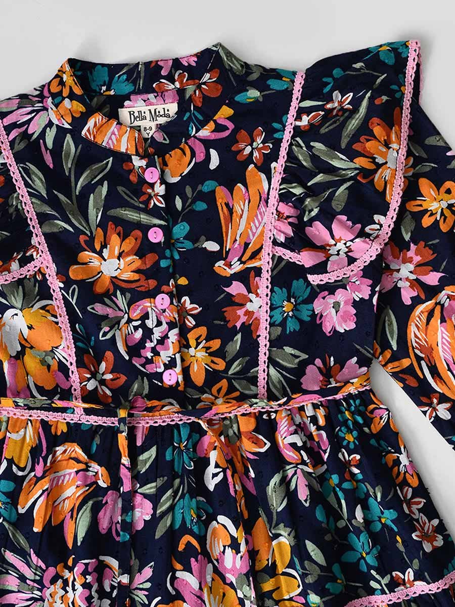 All-Over Floral Print Ruffle Trim Tiered Dress with 3/4th Sleeves