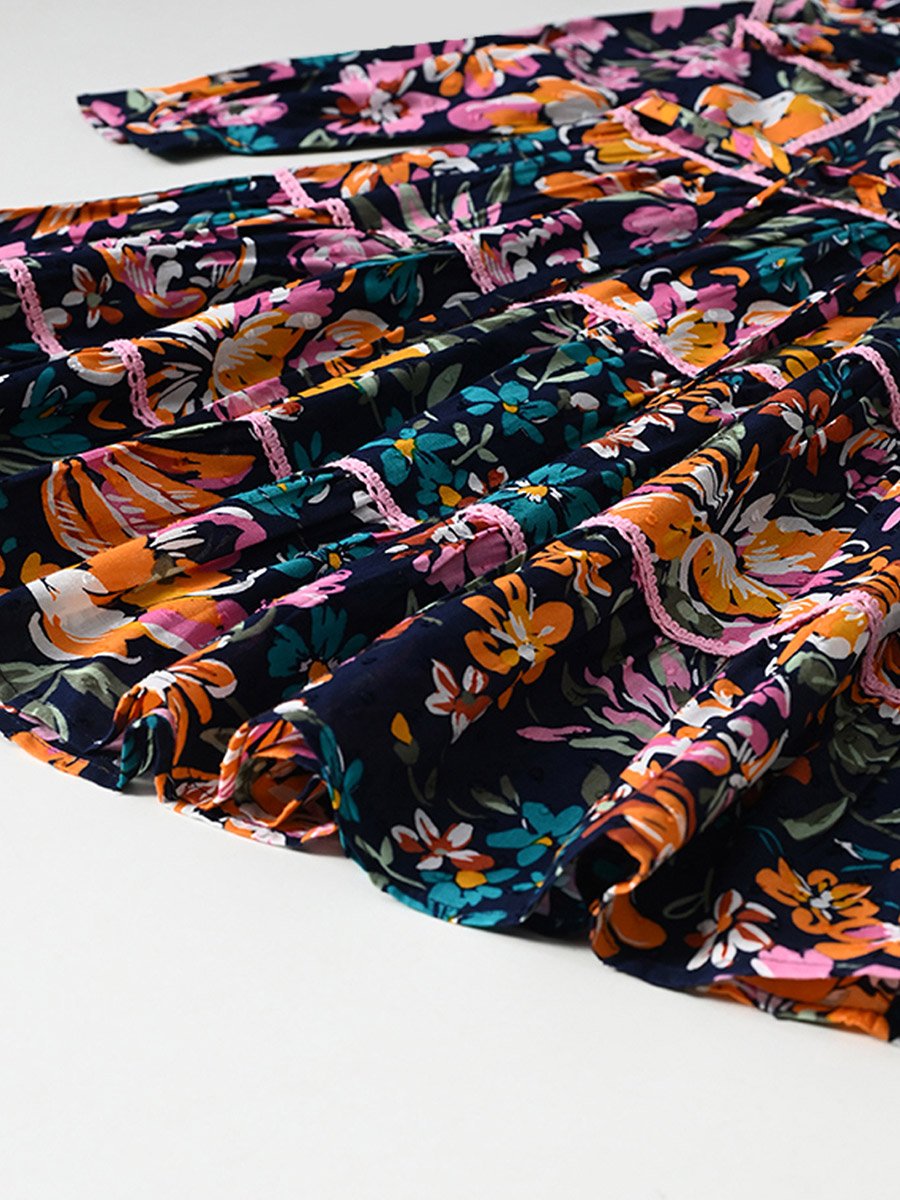 All-Over Floral Print Ruffle Trim Tiered Dress with 3/4th Sleeves