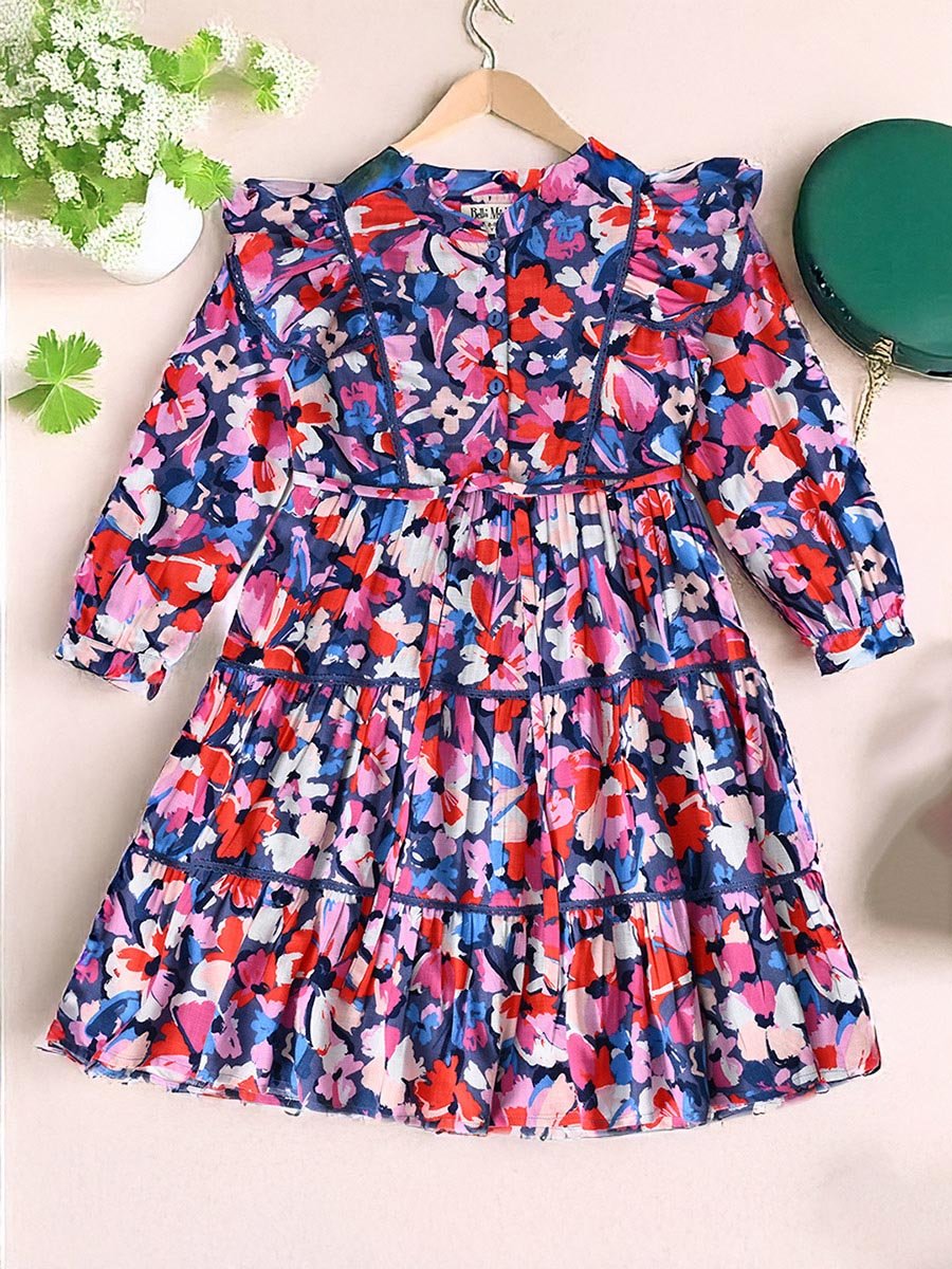 All-Over Floral Print Ruffle Trim Tiered Dress with 3/4th Sleeves