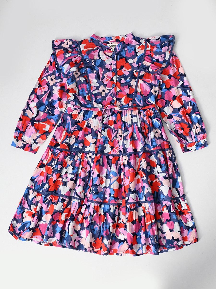 All-Over Floral Print Ruffle Trim Tiered Dress with 3/4th Sleeves