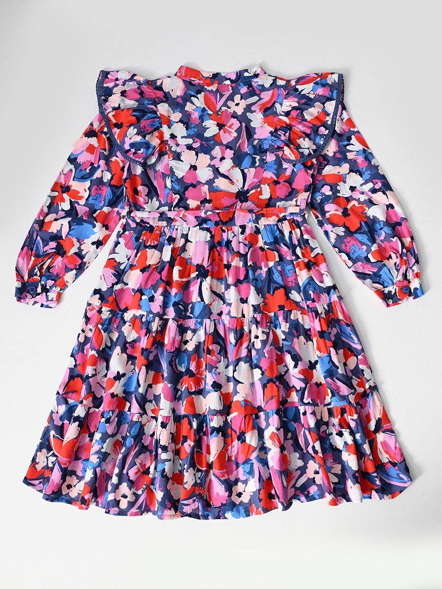 All-Over Floral Print Ruffle Trim Tiered Dress with 3/4th Sleeves