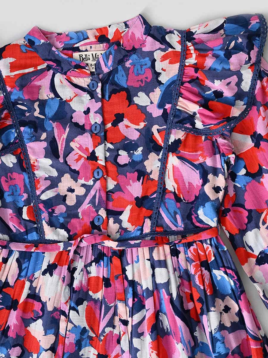 All-Over Floral Print Ruffle Trim Tiered Dress with 3/4th Sleeves