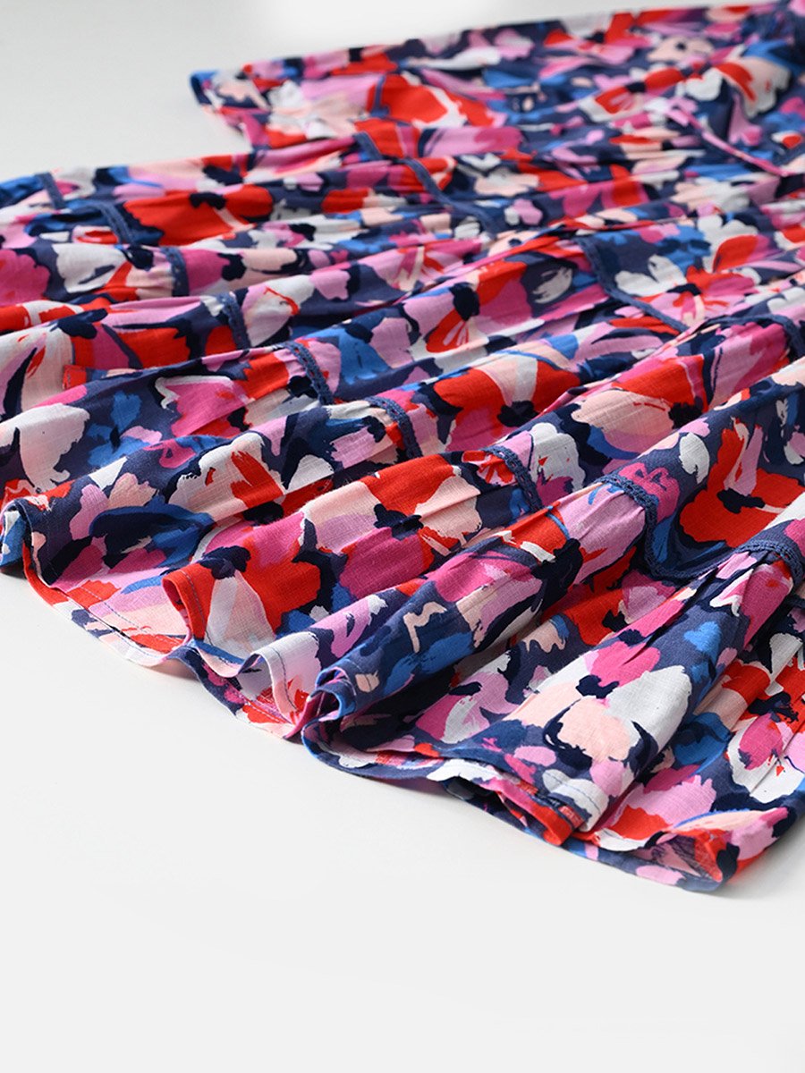 All-Over Floral Print Ruffle Trim Tiered Dress with 3/4th Sleeves