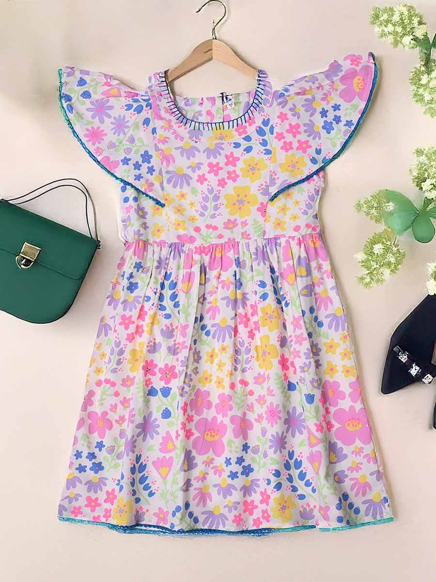 Floral Print Flutter Sleeves Dress with Lace Detail