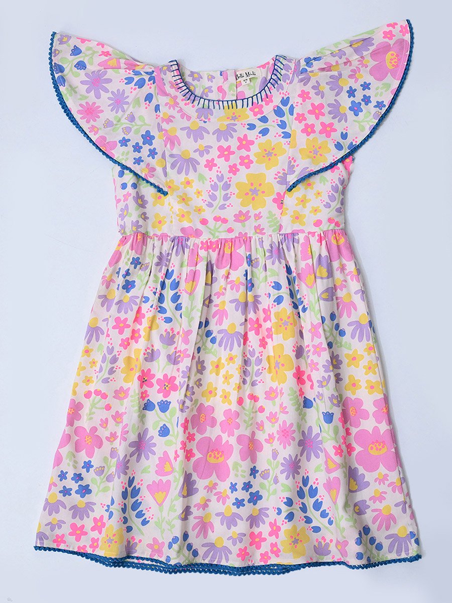 Floral Print Flutter Sleeves Dress with Lace Detail