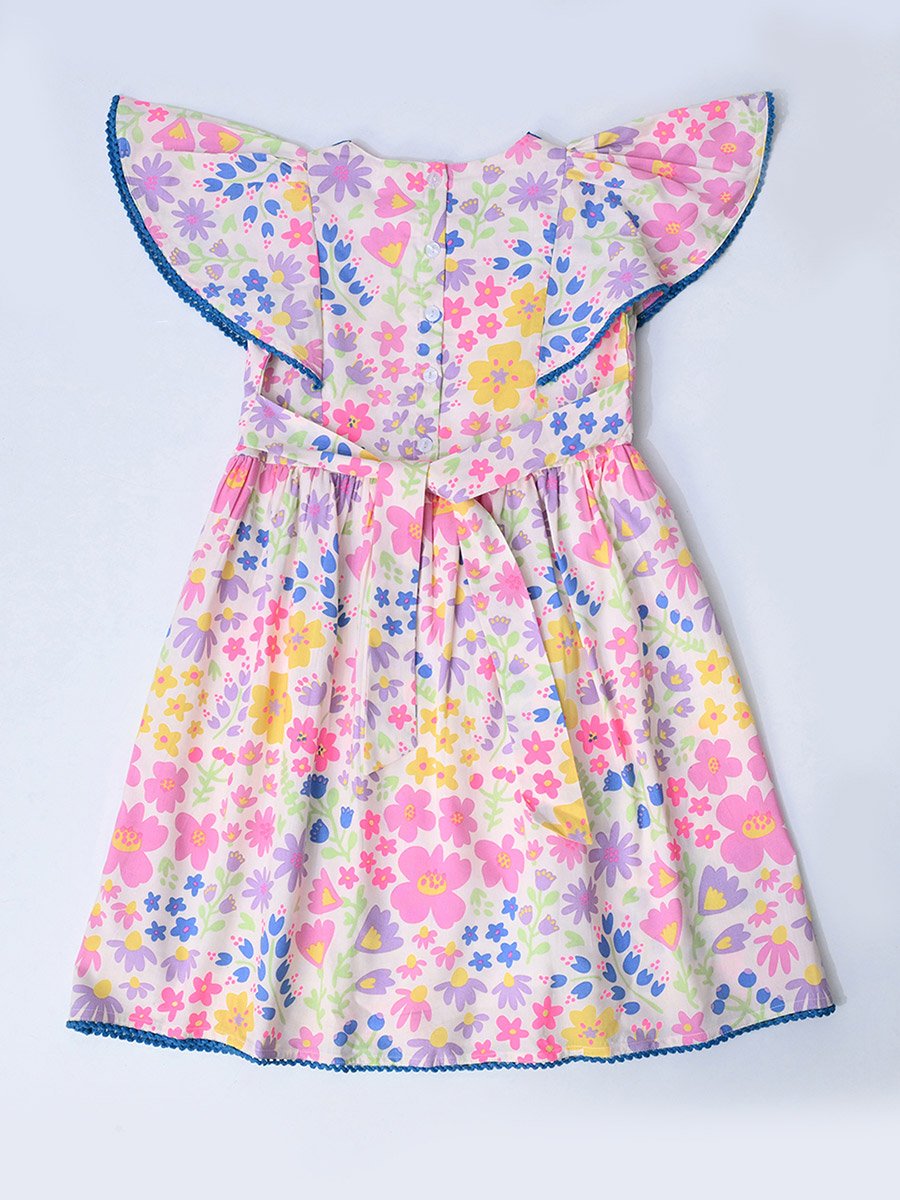 Floral Print Flutter Sleeves Dress with Lace Detail