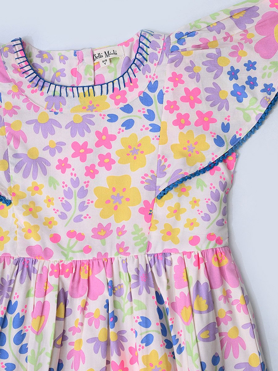 Floral Print Flutter Sleeves Dress with Lace Detail