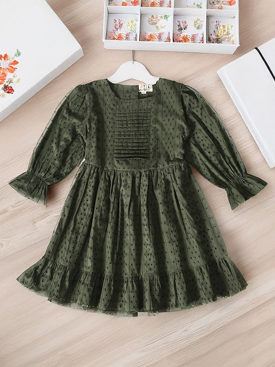 Solid Schiffli Pintuck Detail Dress with 3/4 Sleeves