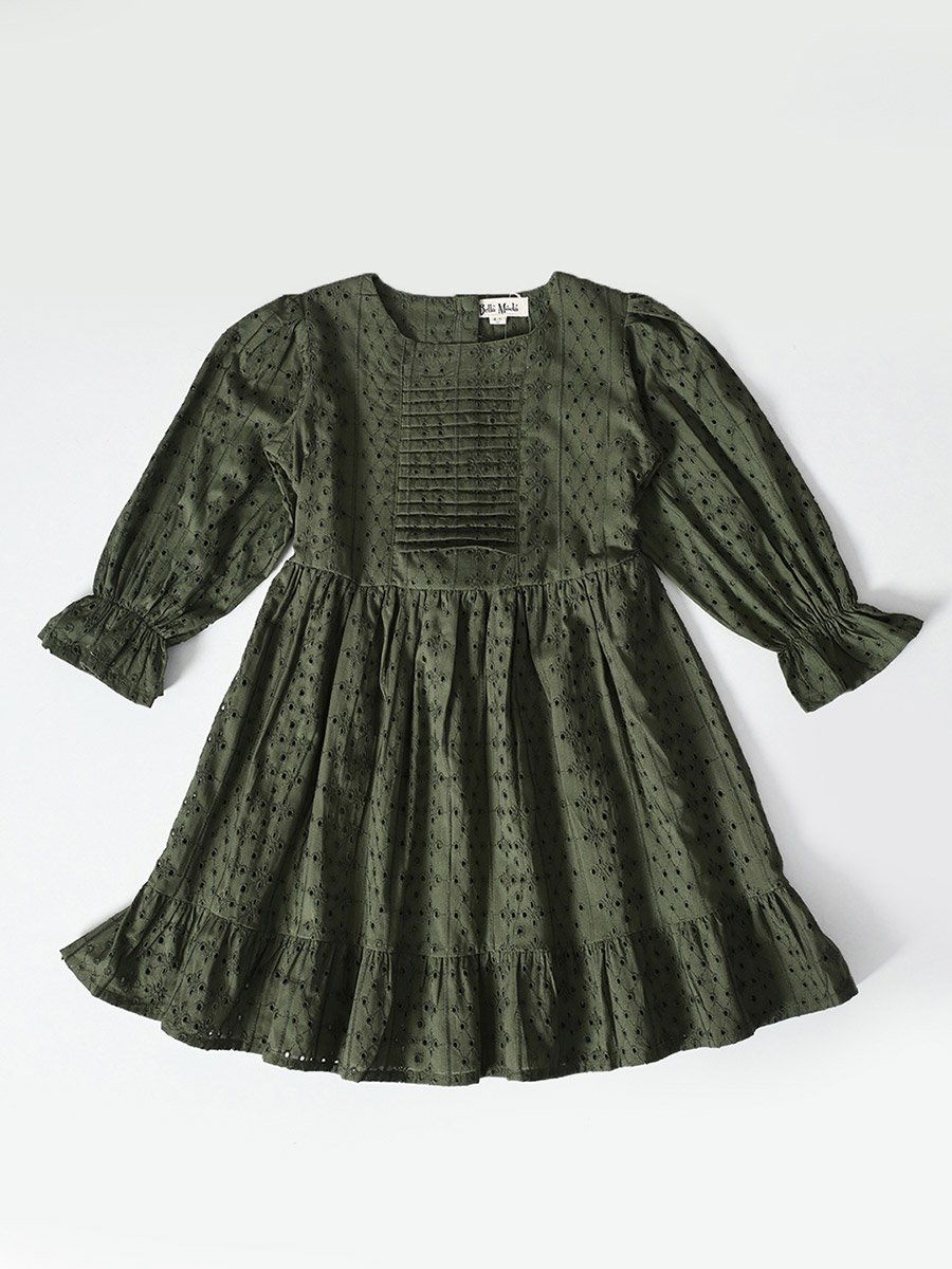 Solid Schiffli Pintuck Detail Dress with 3/4 Sleeves