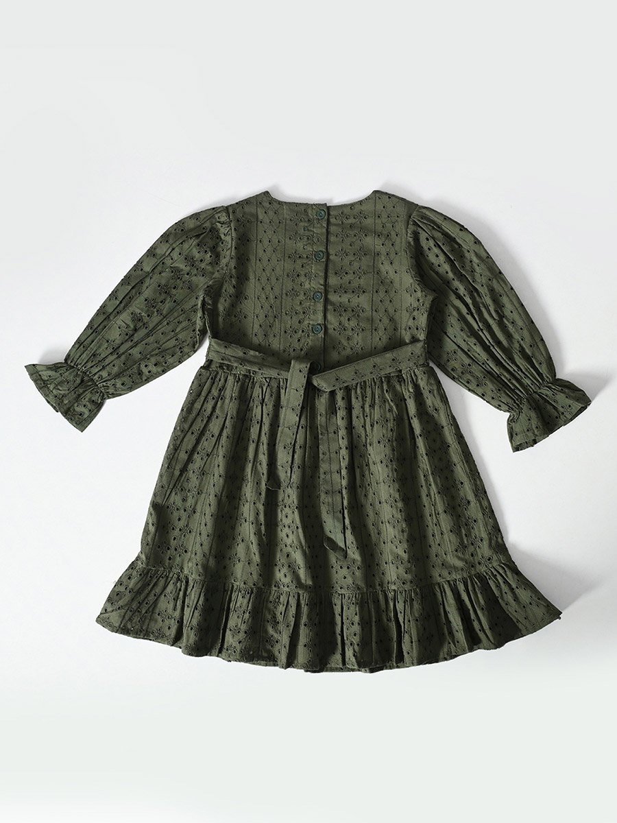 Solid Schiffli Pintuck Detail Dress with 3/4 Sleeves