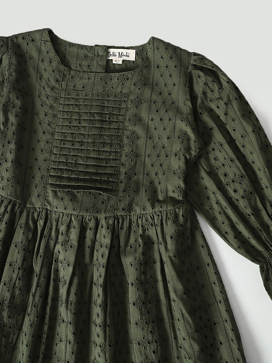 Solid Schiffli Pintuck Detail Dress with 3/4 Sleeves