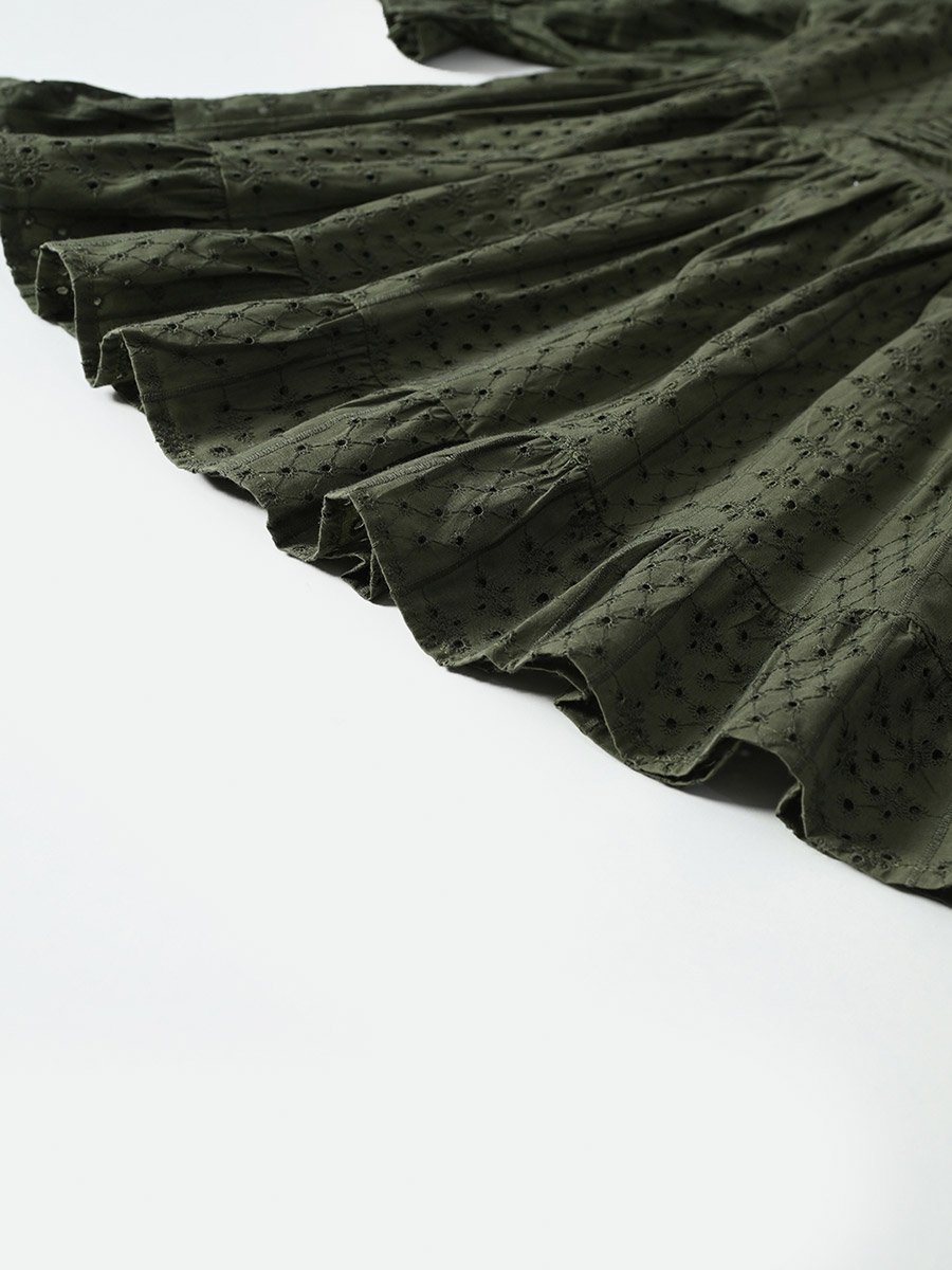 Solid Schiffli Pintuck Detail Dress with 3/4 Sleeves
