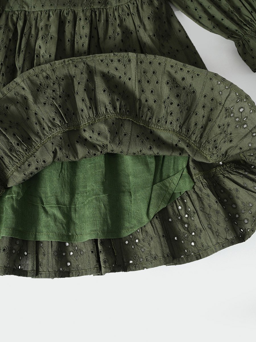 Solid Schiffli Pintuck Detail Dress with 3/4 Sleeves