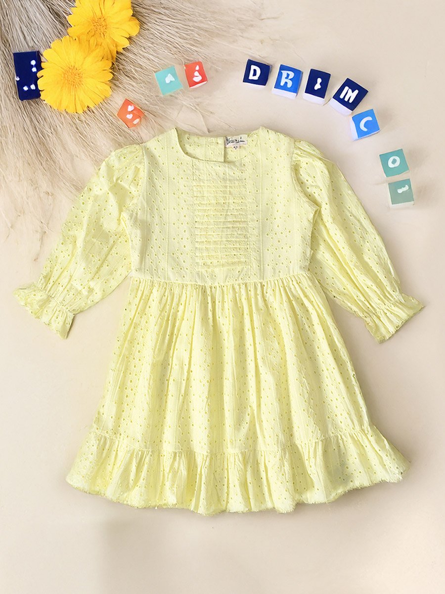 Solid Schiffli Pintuck Detail Dress with 3/4 Sleeves
