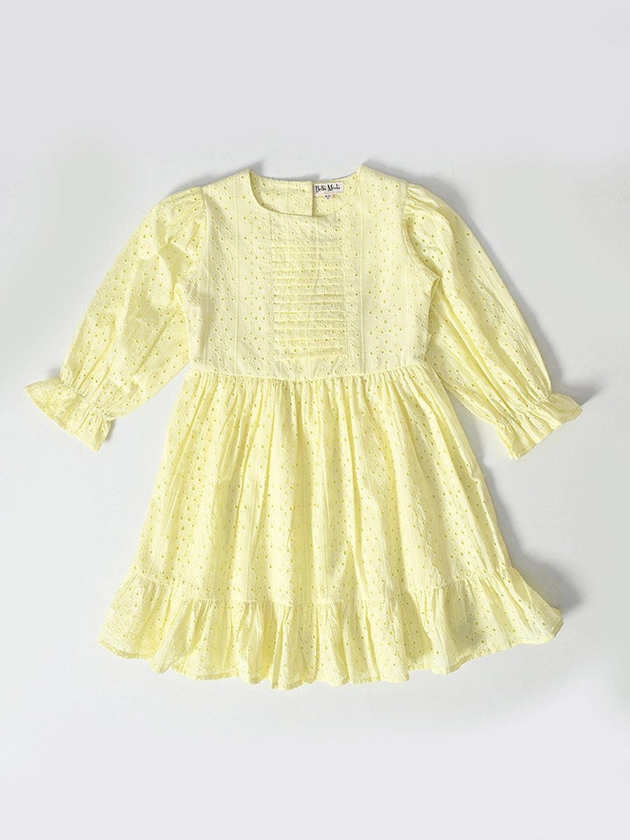 Solid Schiffli Pintuck Detail Dress with 3/4 Sleeves