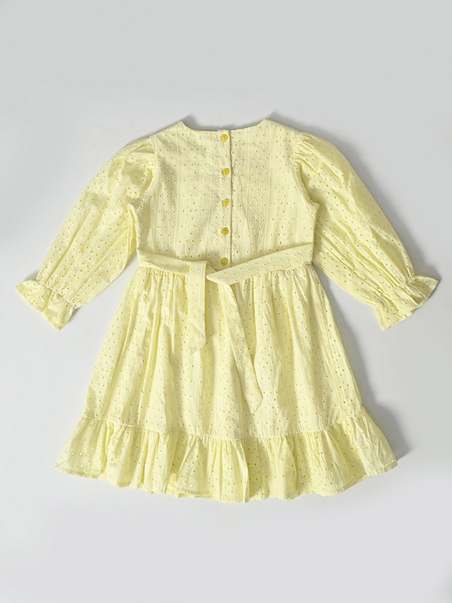 Solid Schiffli Pintuck Detail Dress with 3/4 Sleeves