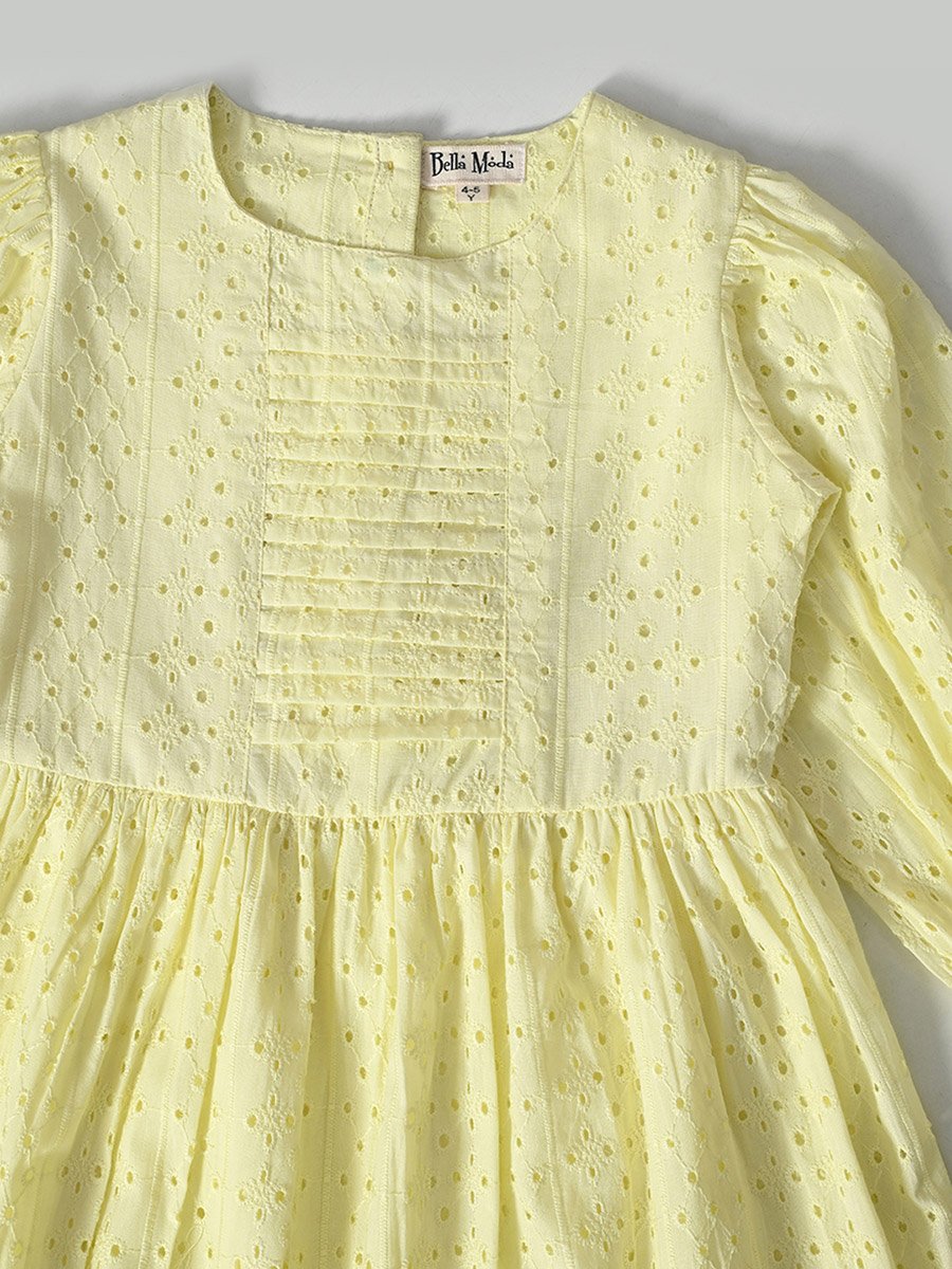 Solid Schiffli Pintuck Detail Dress with 3/4 Sleeves
