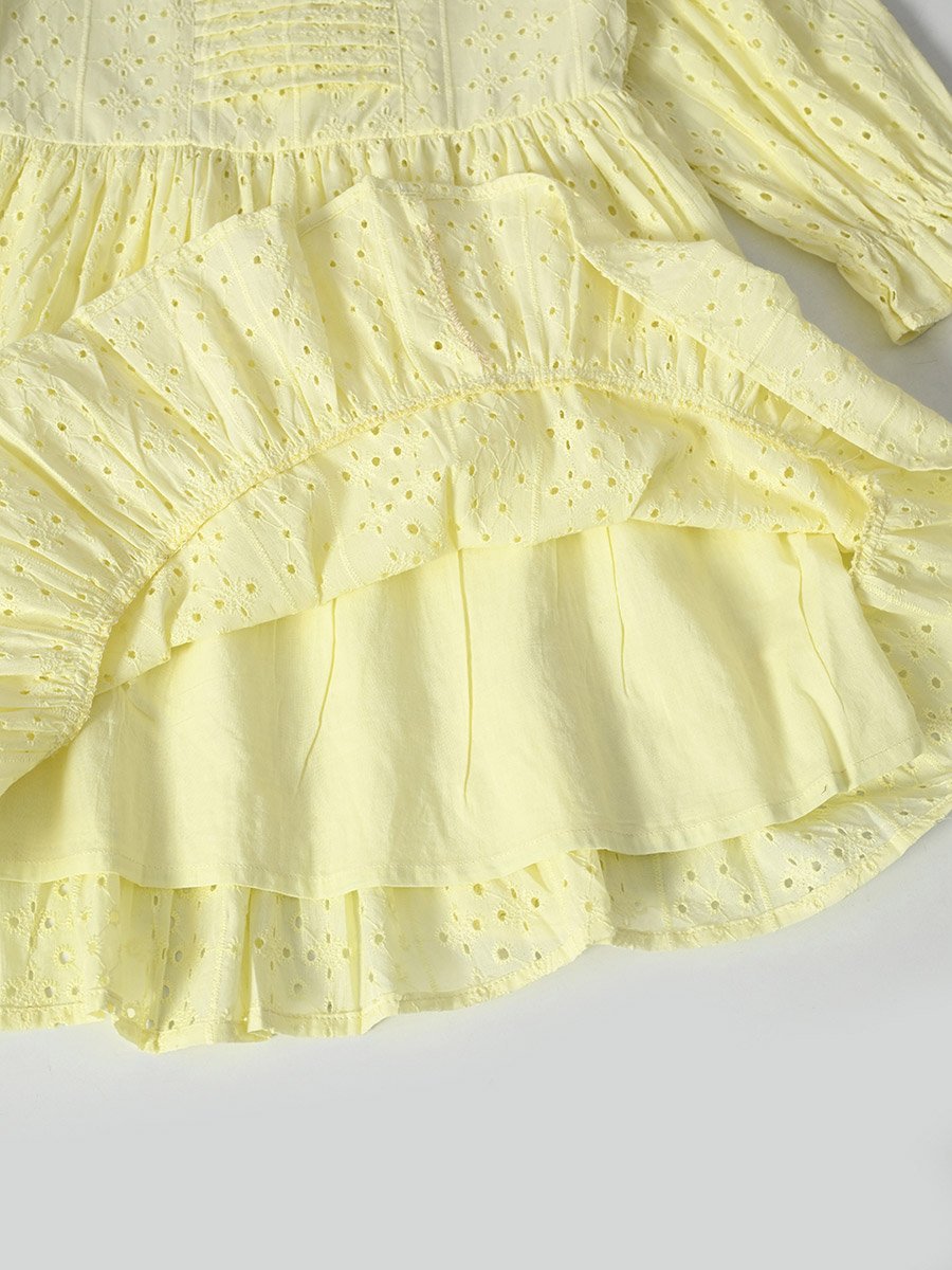 Solid Schiffli Pintuck Detail Dress with 3/4 Sleeves