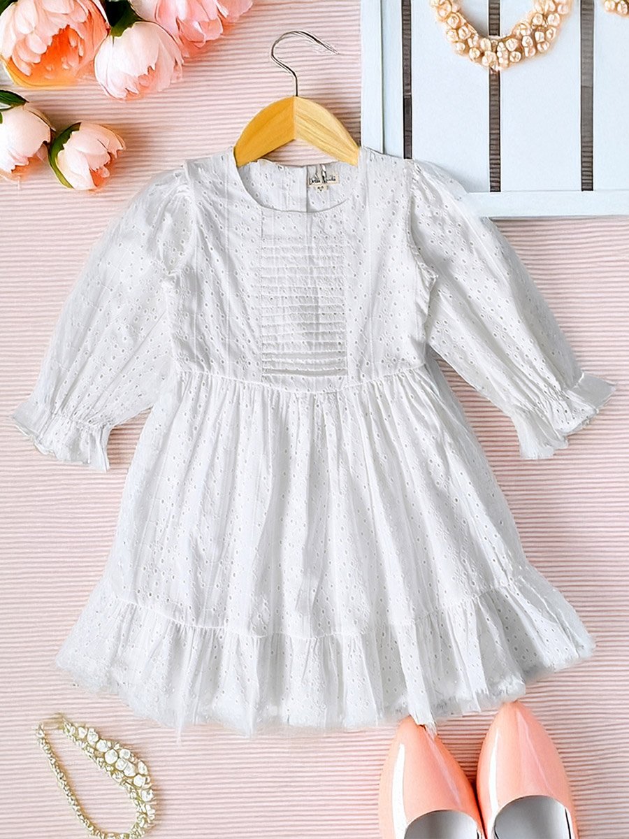 Solid Schiffli Pintuck Detail Dress with 3/4 Sleeves