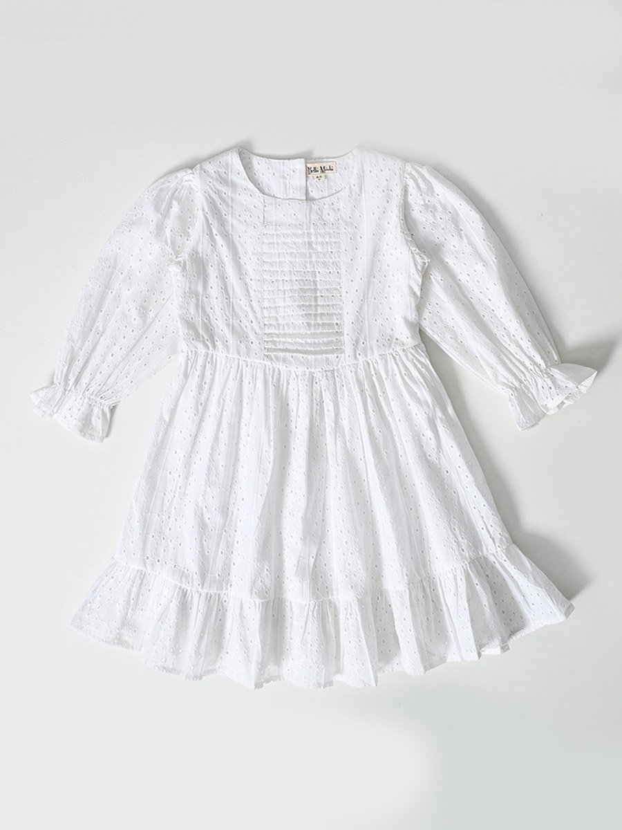 Solid Schiffli Pintuck Detail Dress with 3/4 Sleeves