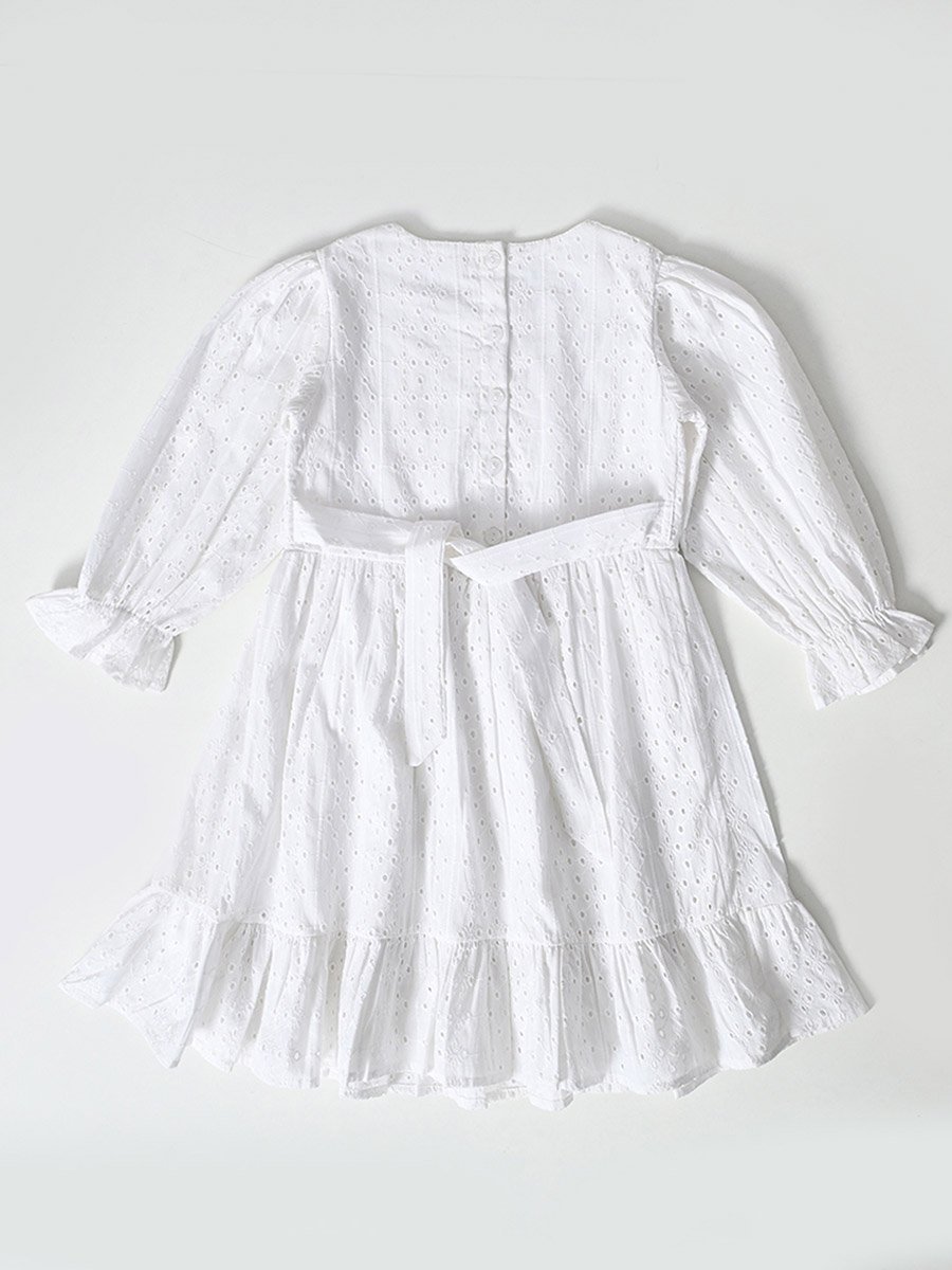 Solid Schiffli Pintuck Detail Dress with 3/4 Sleeves
