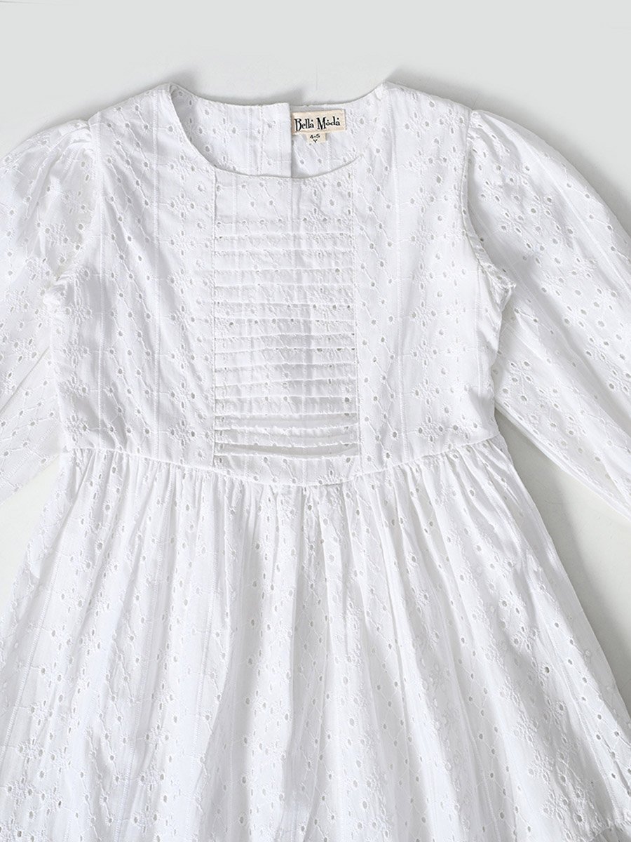 Solid Schiffli Pintuck Detail Dress with 3/4 Sleeves