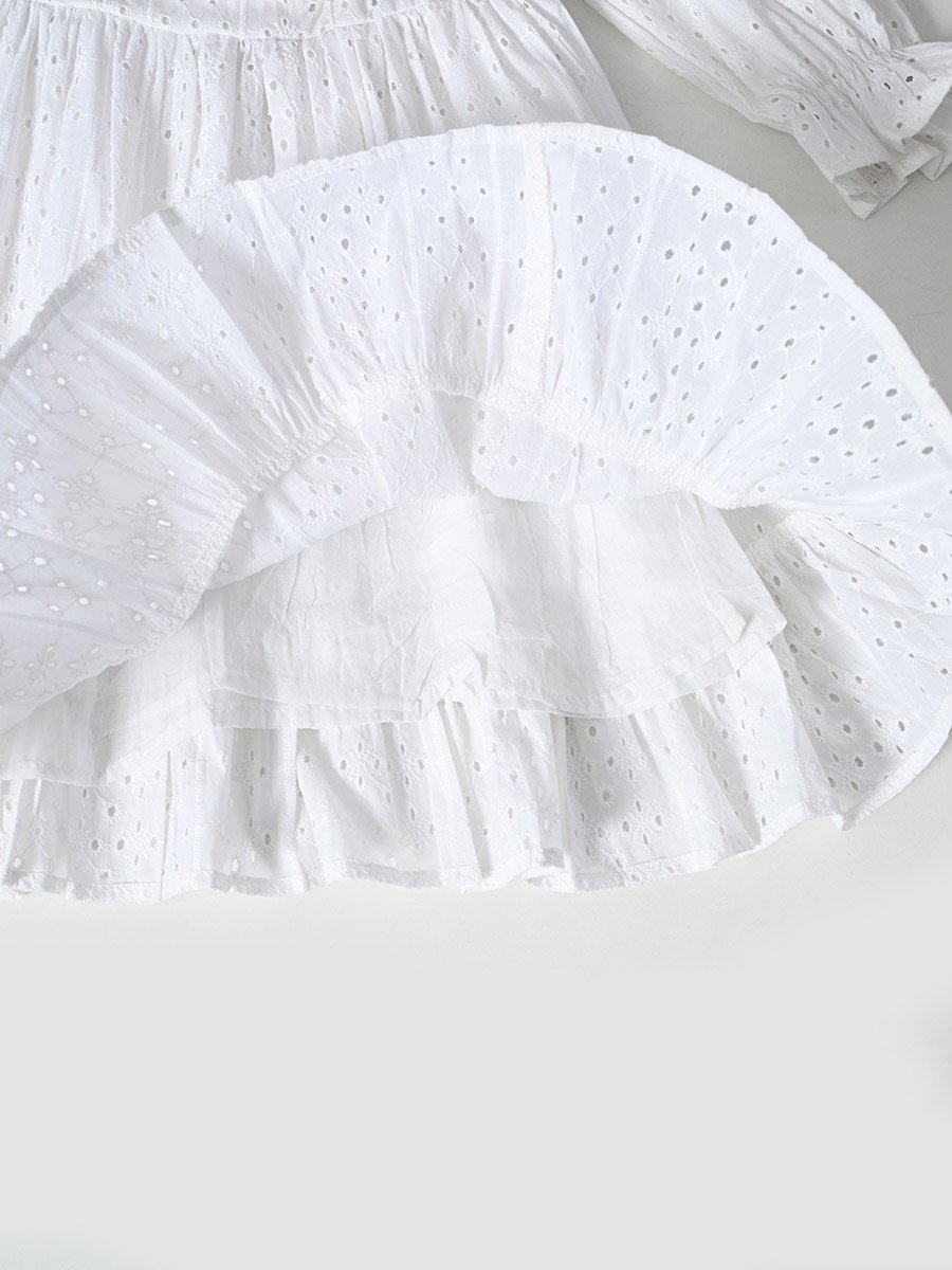 Solid Schiffli Pintuck Detail Dress with 3/4 Sleeves