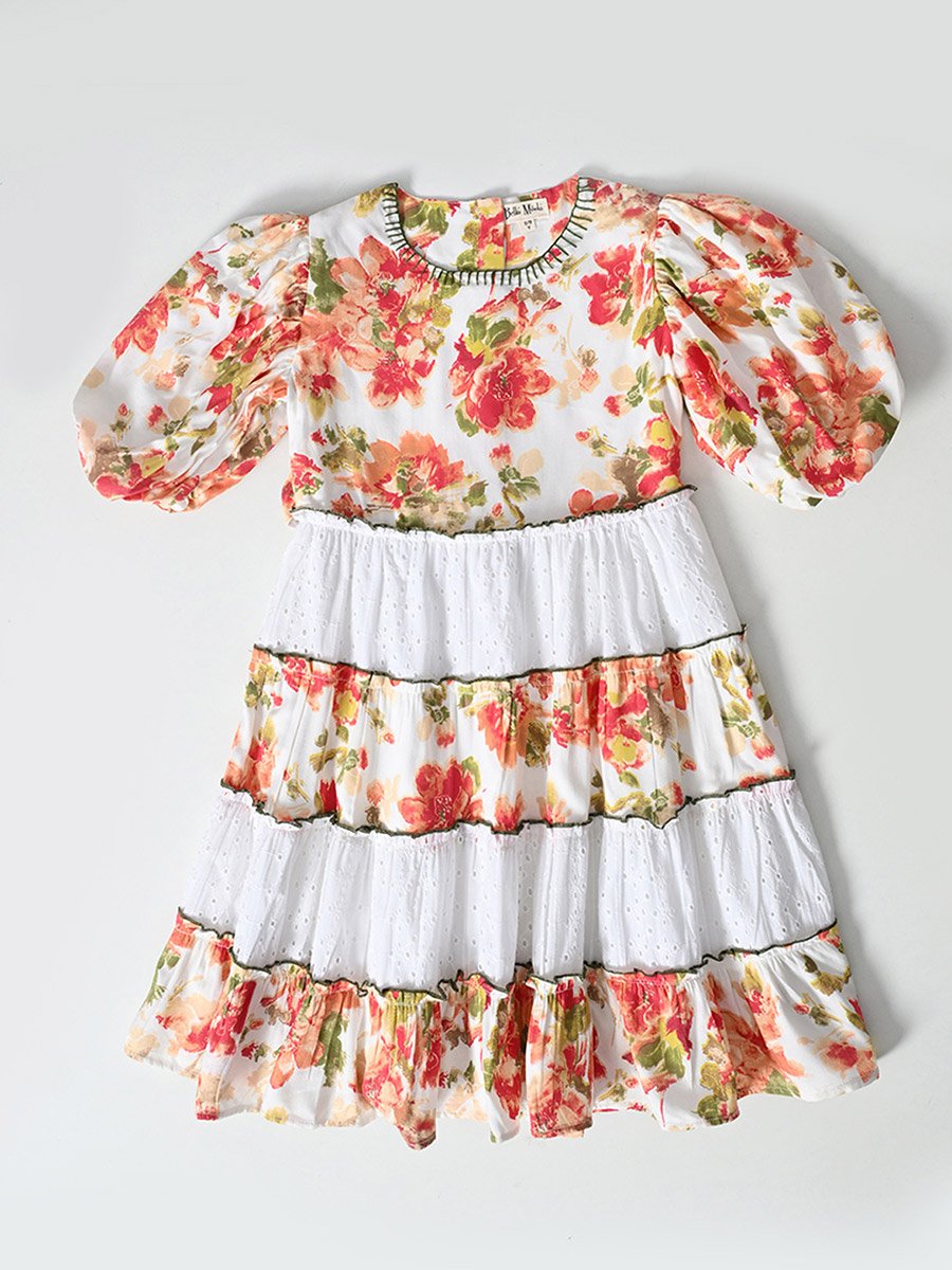 Floral Print Schiffli Tiered Dress with Balloon Sleeves