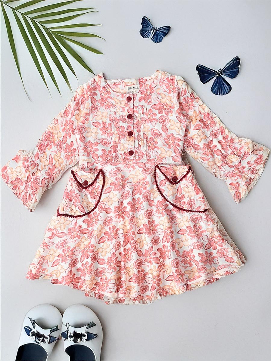 All-Over Floral Print Pintuck Detail Dress with Pockets